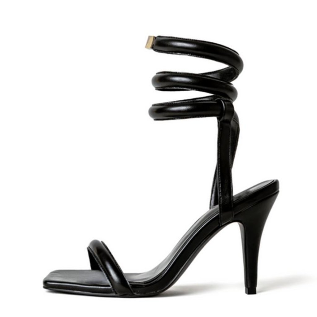 Cult Of Coquette Tina Black Vegan Leather Sandals Wrap Heels Size 6